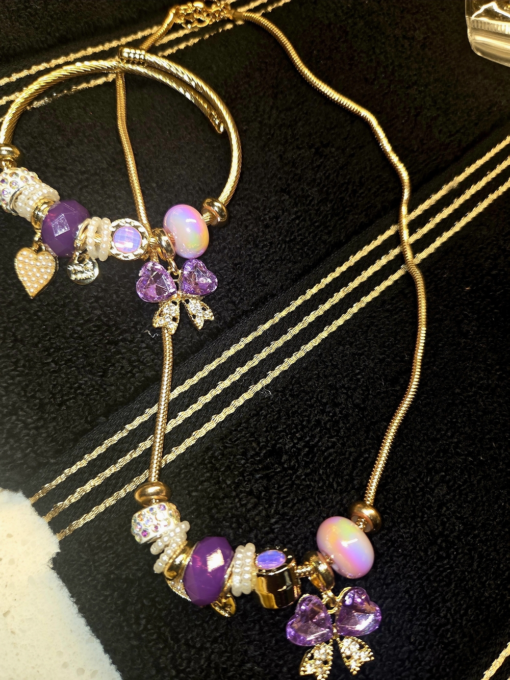 Gold-Tone Necklace& Bangle Set with Purple and Opal Accent Beads